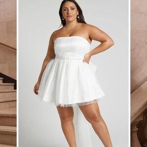 Showpo Ivory fit and flare strapless dress with pearls and bow
